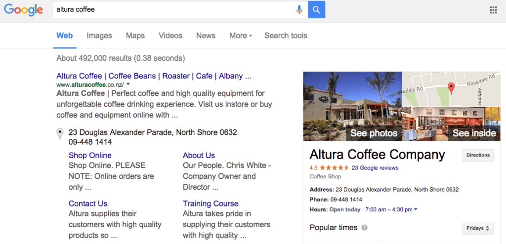 Altura Coffee Cafe Google Search SERP screenshot after Street View Inside