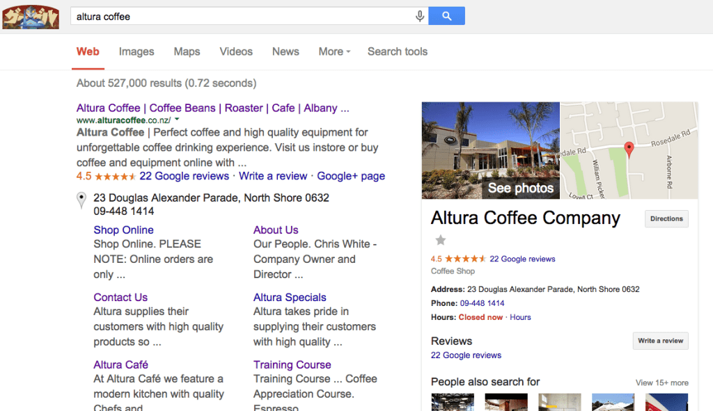 Altura Coffee Google SERP screenshot before See Inside added