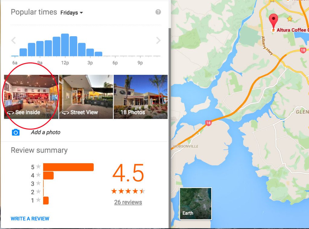 Zoomed in Altura Coffee Cafe Maps SERP after Street View Inside