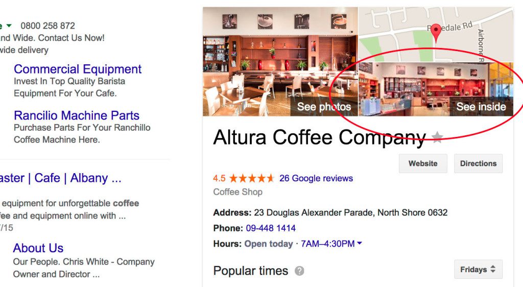 Zoomed In Altura Coffee Cafe Google Search SERP after Street View Inside